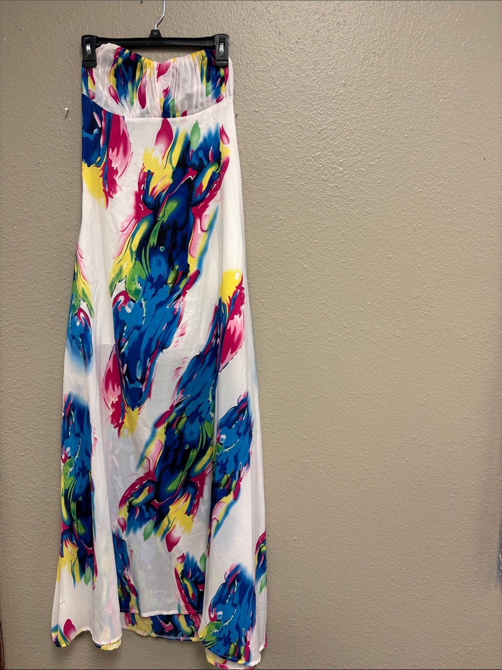 White Maxi Dress with Vibrant Blue, Pink & Yellow Abstract Print